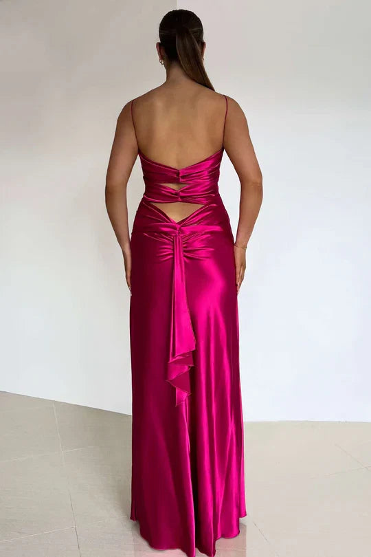 Yellow Charming A Line V Neck Spaghetti Straps Cut-Out Back Floor-Length Prom Dresses with Split Front