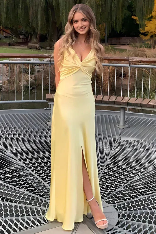 Yellow Charming A Line V Neck Spaghetti Straps Cut-Out Back Floor-Length Prom Dresses with Split Front