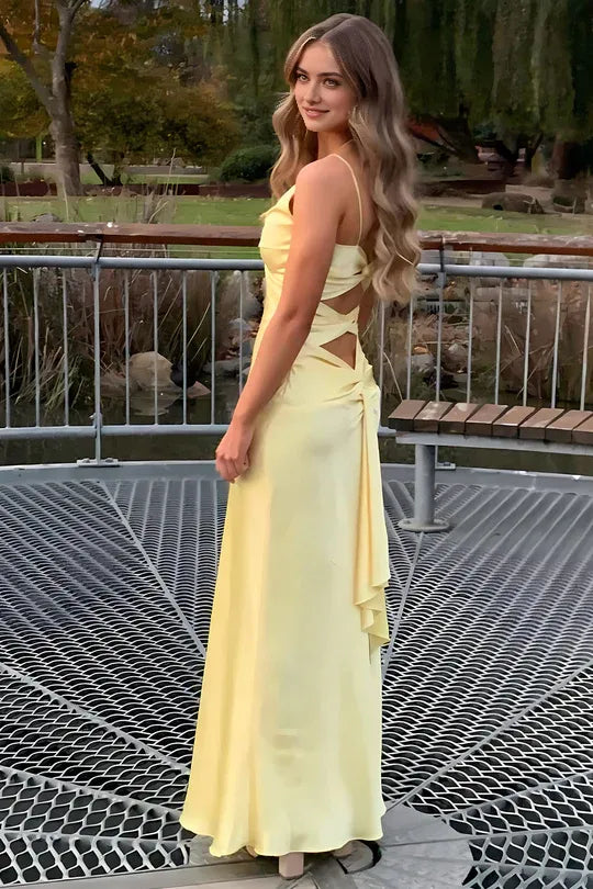 Yellow Charming A Line V Neck Spaghetti Straps Cut-Out Back Floor-Length Prom Dresses with Split Front