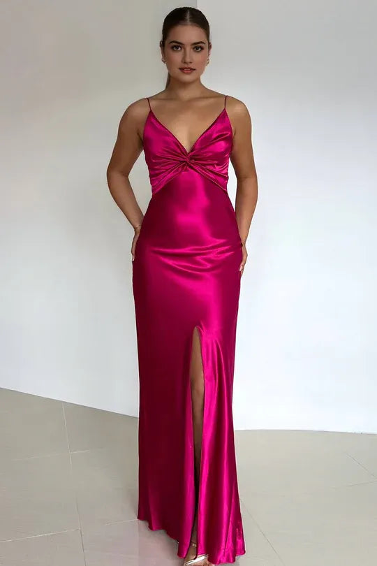 Yellow Charming A Line V Neck Spaghetti Straps Cut-Out Back Floor-Length Prom Dresses with Split Front
