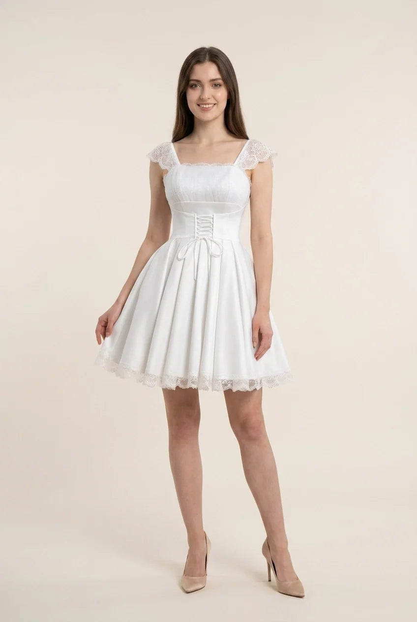 Special Occasion Sophisticated Graceful Elegant White Satin A-Line Square Neck Short Homecoming Dress