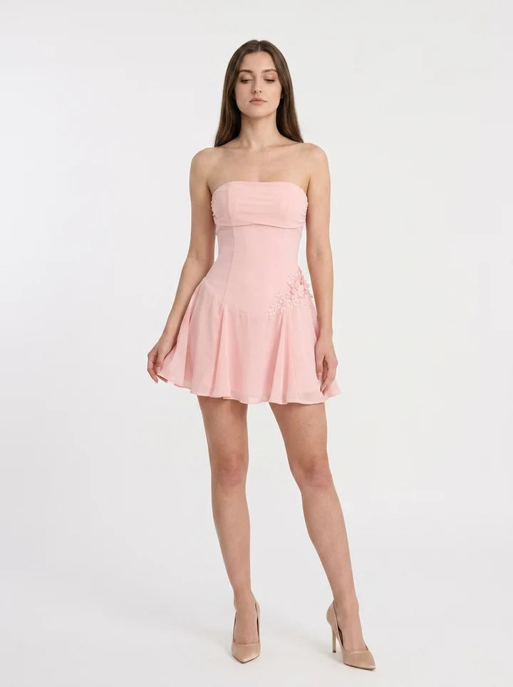 Pink A-line Strapless Sweetheart 3D Floral Back Zip Mini Homecoming Dress