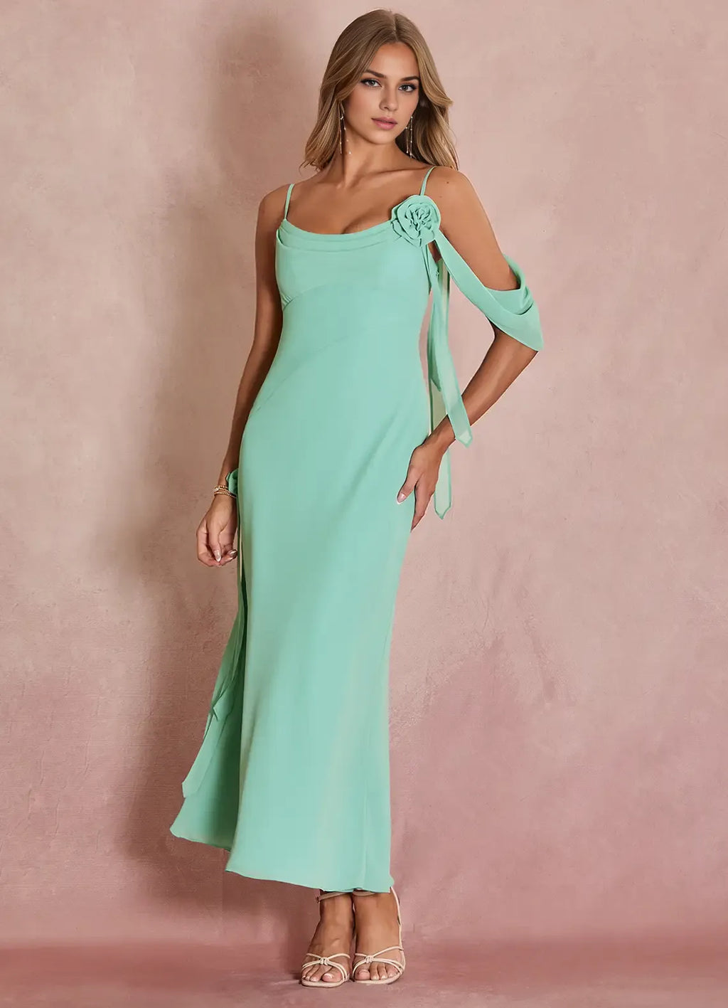 Special Occasion Sophisticated Graceful Stylish Elegant Green Sheath Off-The-Shoulder Sleeveless Evening Dress