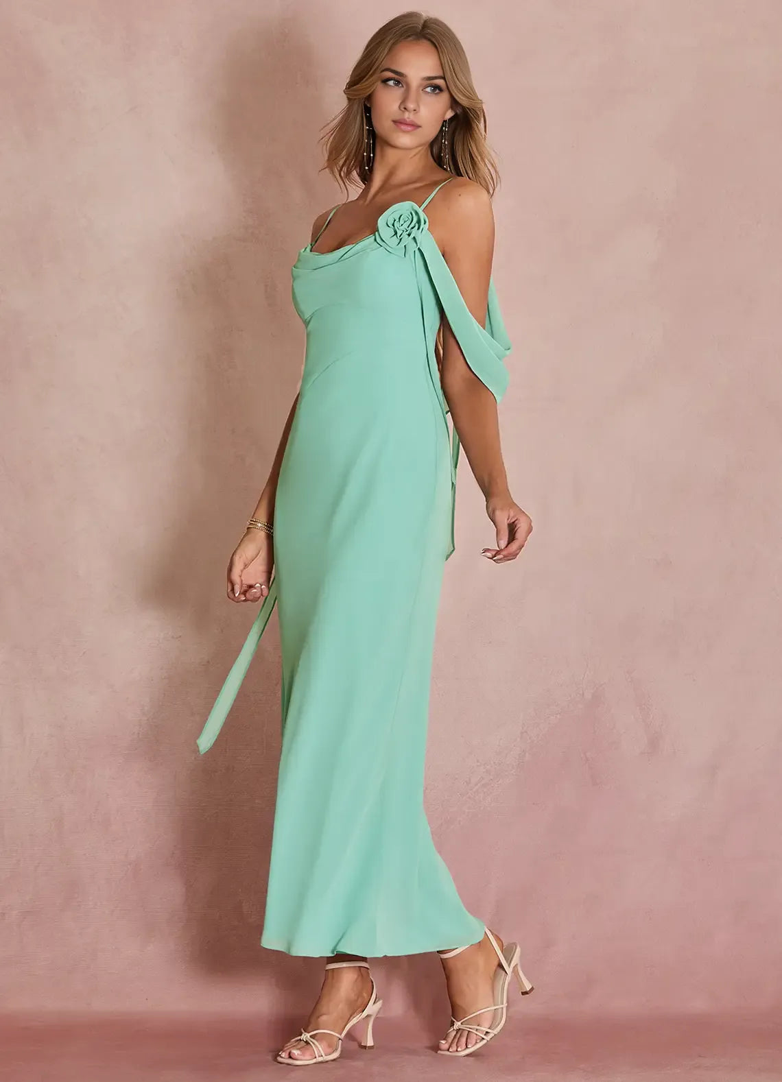 Special Occasion Sophisticated Graceful Stylish Elegant Green Sheath Off-The-Shoulder Sleeveless Evening Dress