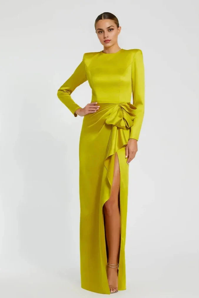 Special Occasion Sophisticated Graceful Elegant Red Satin A-Line Long Sleeve Floor-Length Prom Dress