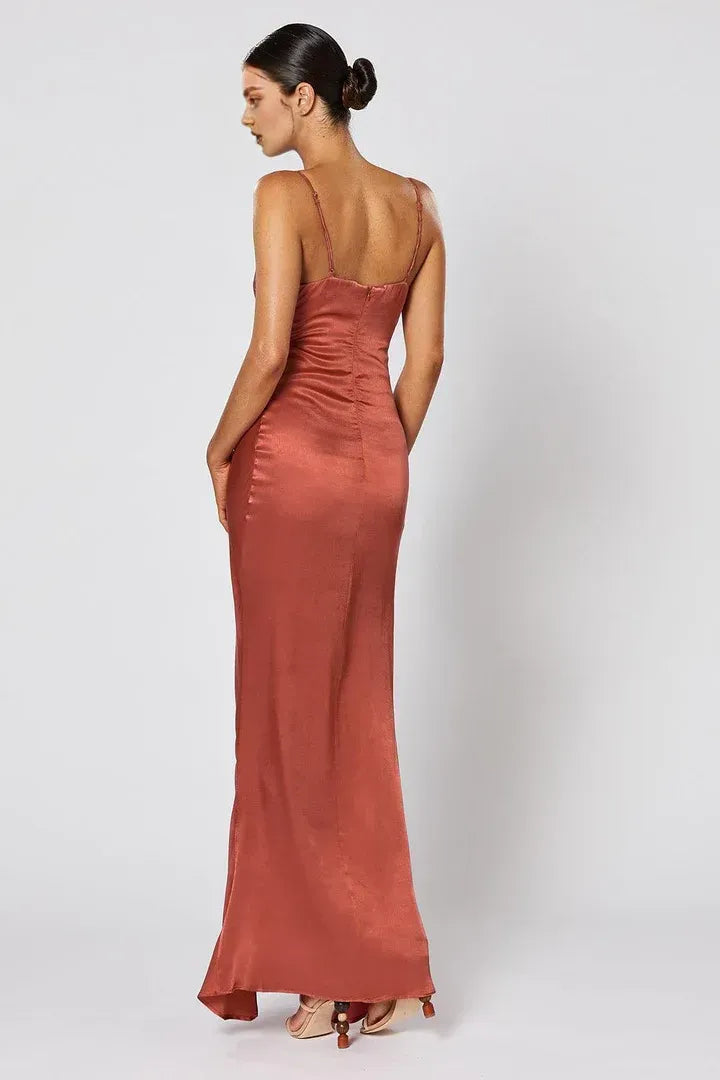 Special Occasion Sophisticated Graceful Stylish Refined Elegant Red Satin Sleeveless Floor-Length Prom Dress