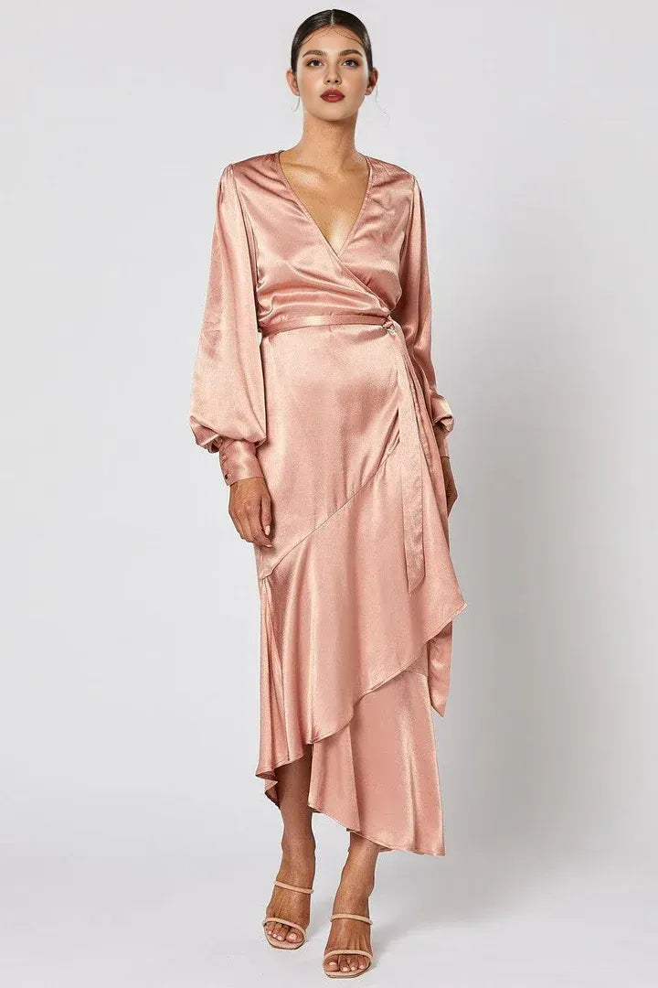Sophisticated Graceful Stylish Elegant Rose Gold Satin Long Sleeve Long Prom Dress