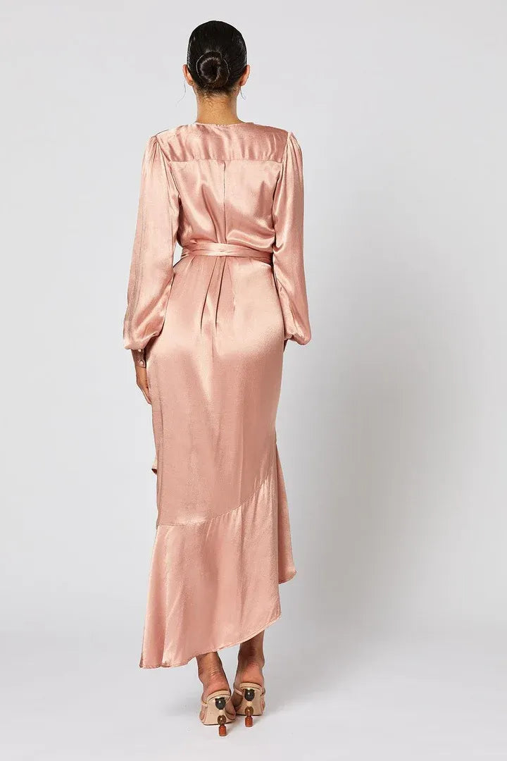 Sophisticated Graceful Stylish Elegant Rose Gold Satin Long Sleeve Long Prom Dress