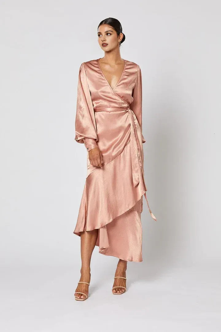 Sophisticated Graceful Stylish Elegant Rose Gold Satin Long Sleeve Long Prom Dress