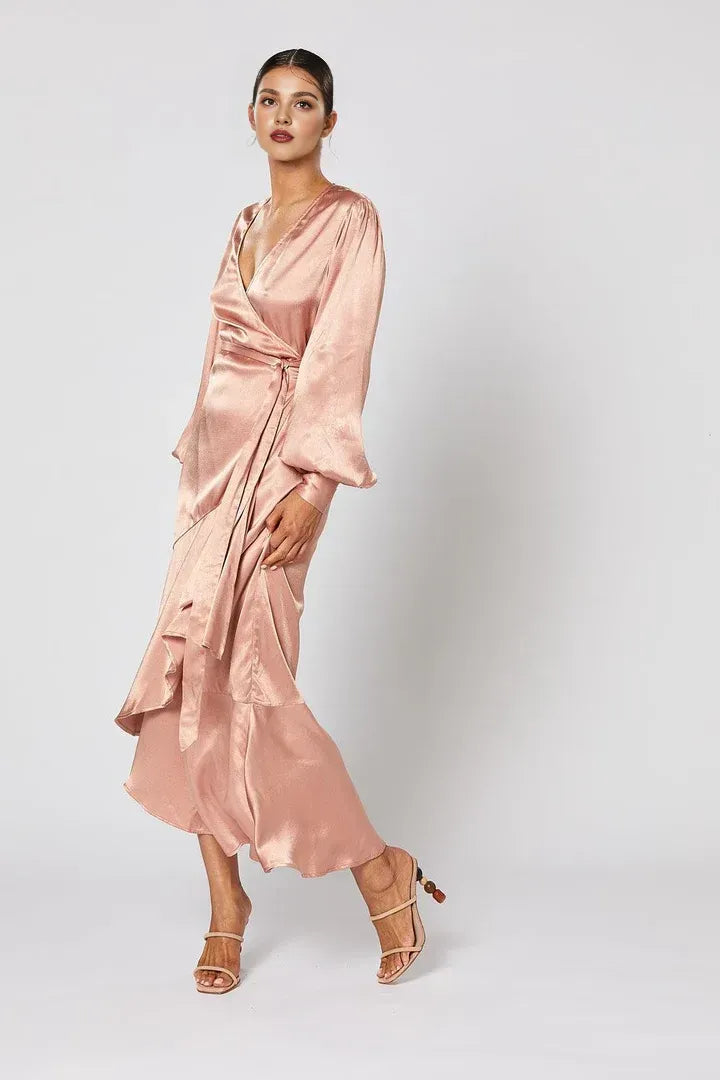 Sophisticated Graceful Stylish Elegant Rose Gold Satin Long Sleeve Long Prom Dress