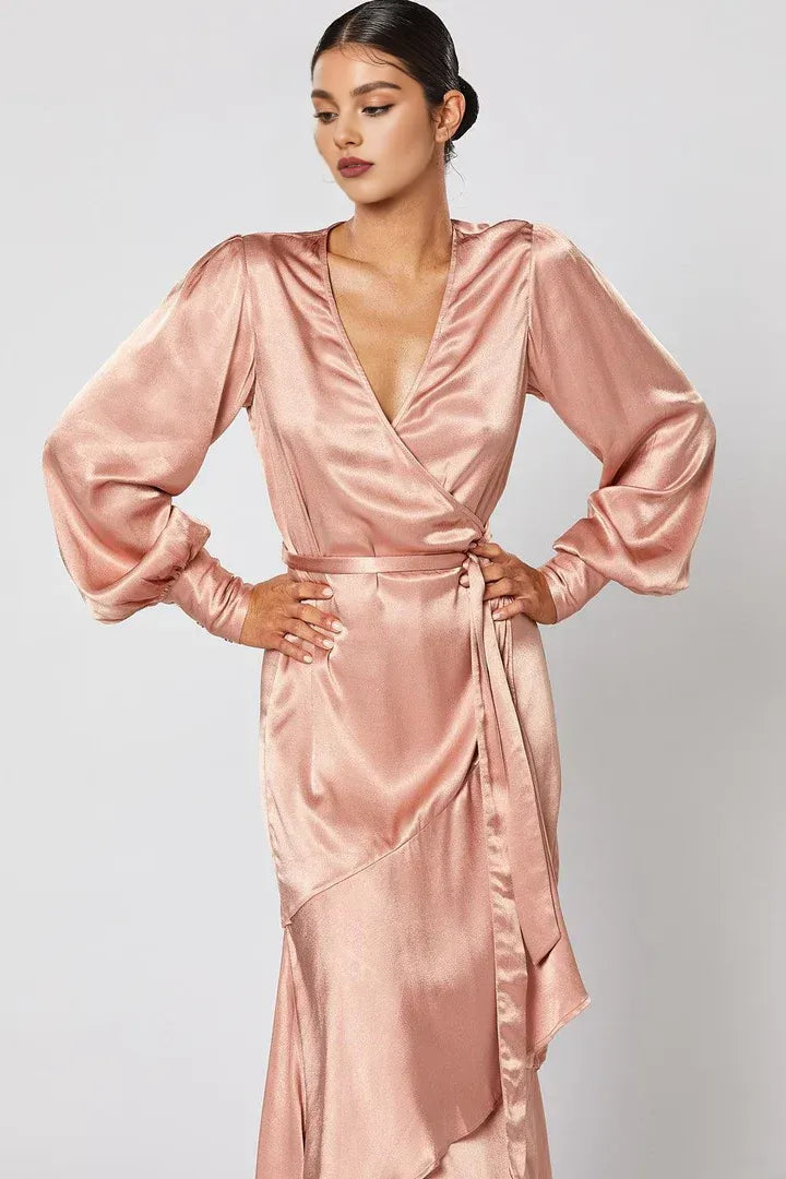 Sophisticated Graceful Stylish Elegant Rose Gold Satin Long Sleeve Long Prom Dress