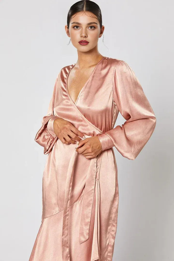 Sophisticated Graceful Stylish Elegant Rose Gold Satin Long Sleeve Long Prom Dress