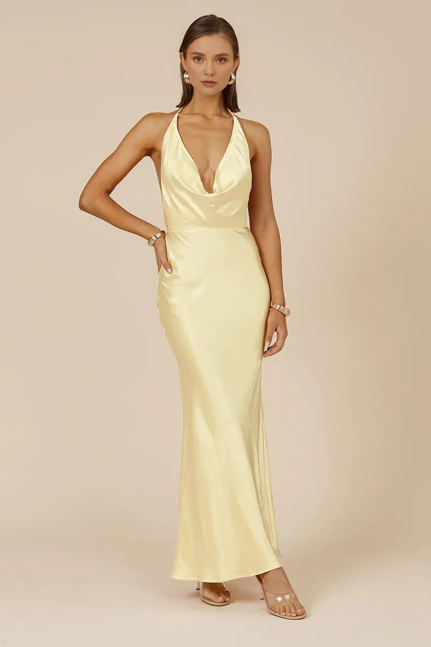 Refined Beautiful Timeless Elegant Yellow Satin Mermaid Halter Sleeveless Floor-Length Prom Dress