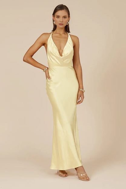 Refined Beautiful Timeless Elegant Yellow Satin Mermaid Halter Sleeveless Floor-Length Prom Dress