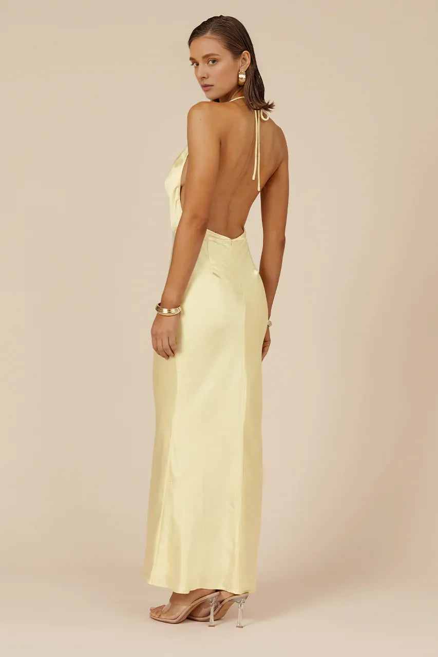Refined Beautiful Timeless Elegant Yellow Satin Mermaid Halter Sleeveless Floor-Length Prom Dress