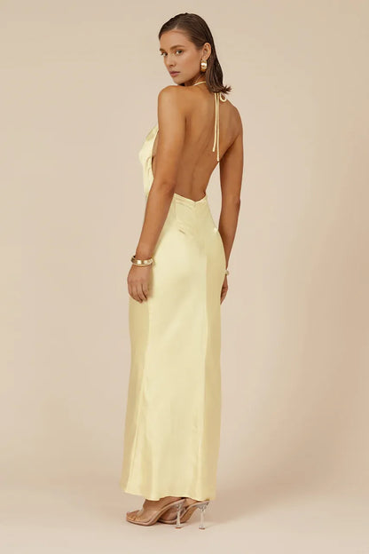 Refined Beautiful Timeless Elegant Yellow Satin Mermaid Halter Sleeveless Floor-Length Prom Dress