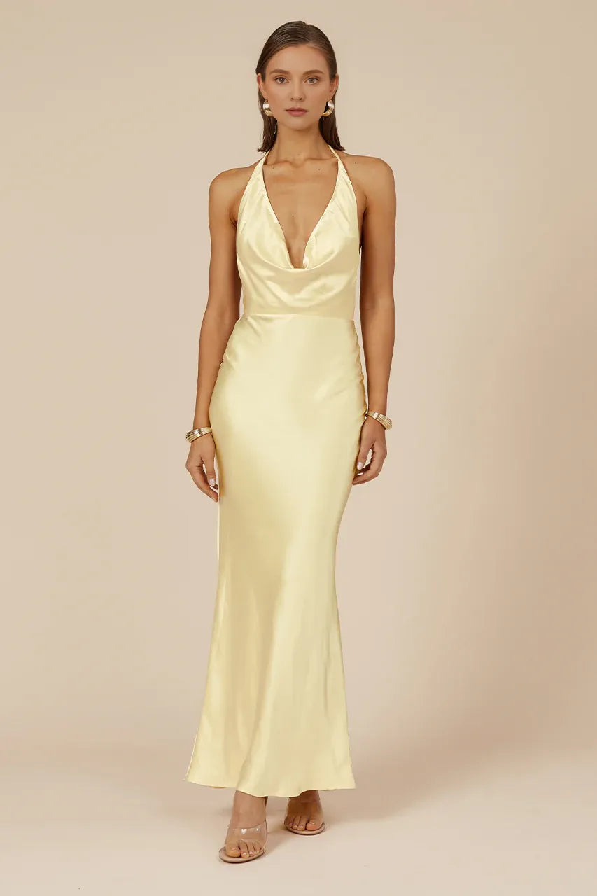 Refined Beautiful Timeless Elegant Yellow Satin Mermaid Halter Sleeveless Floor-Length Prom Dress