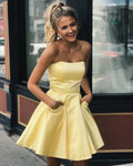 Yellow Cheerful A-Line Strapless Pocketed Mini Homecoming Dress