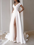 White V-Neck Cap Sleeve Cutout Slit Train Prom Dress With Pocket For Lady