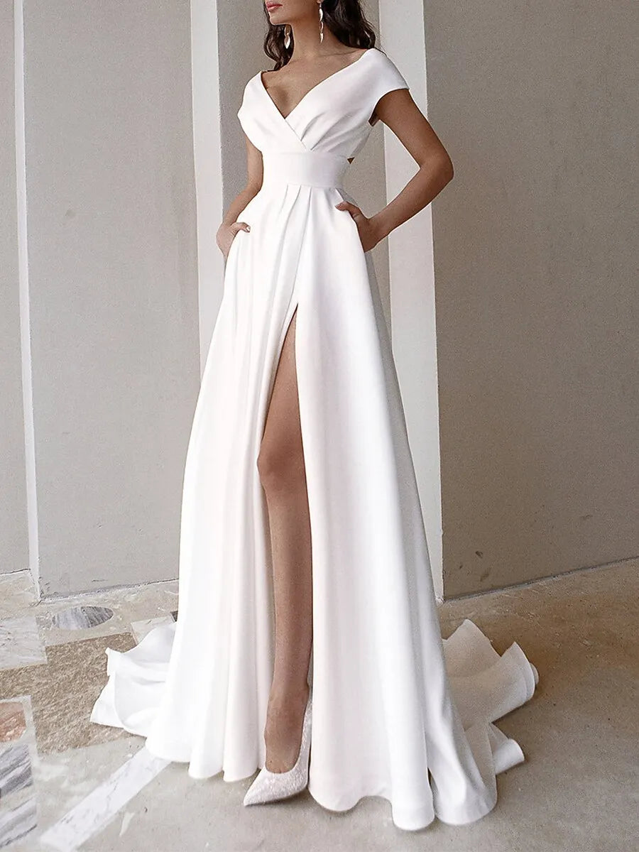 White V-Neck Cap Sleeve Cutout Slit Train Prom Dress With Pocket For Lady