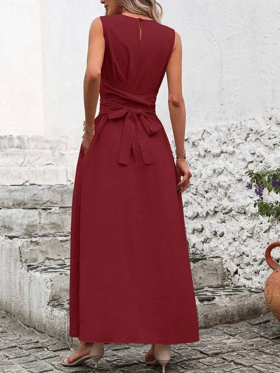 Green Crew Neck Sleeveless Belted Emerald Maxi Prom Dress With Pocket