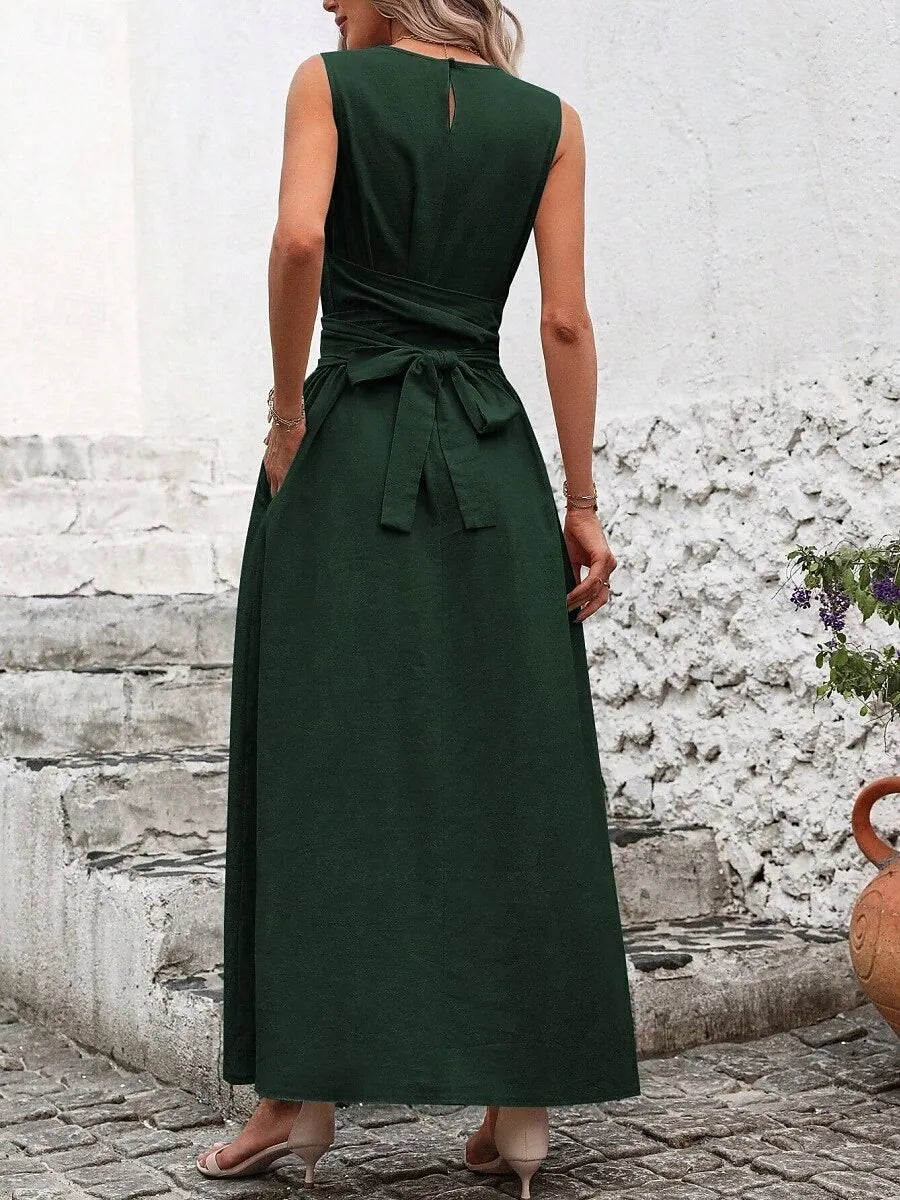 Green Crew Neck Sleeveless Belted Emerald Maxi Prom Dress With Pocket
