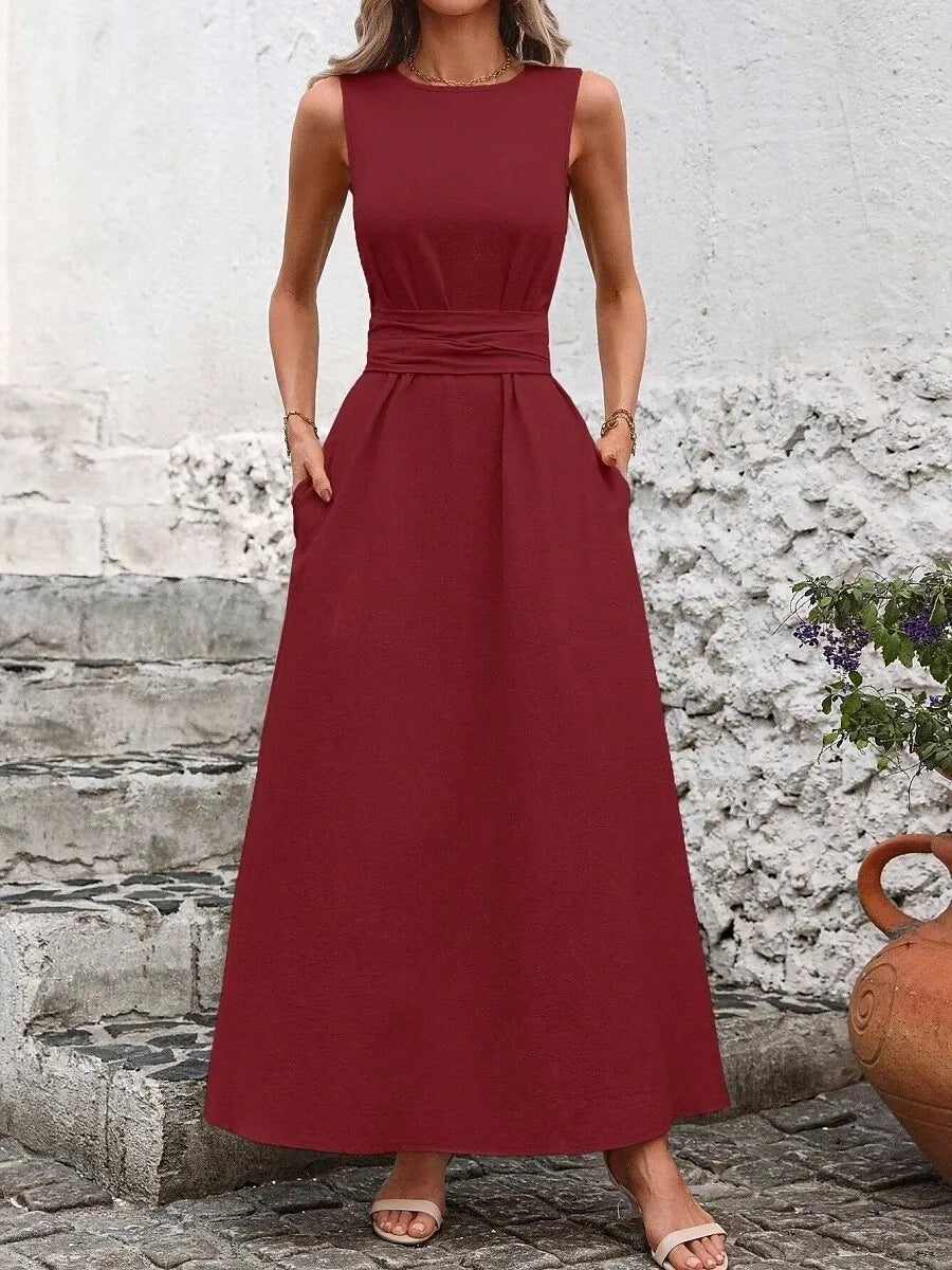 Green Crew Neck Sleeveless Belted Emerald Maxi Prom Dress With Pocket