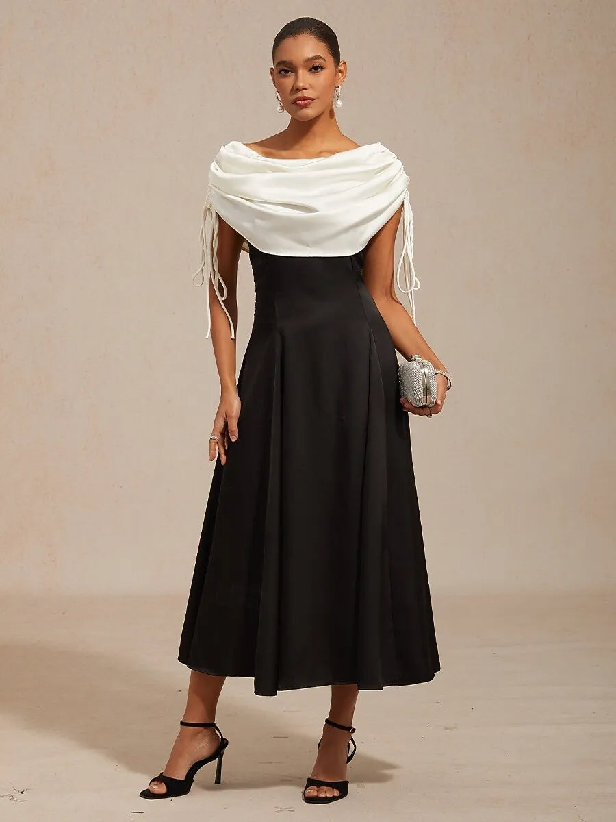 Black Off-Shoulder Sleeveless Draped White Midi Prom Dress