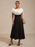 Black Off-Shoulder Sleeveless Draped White Midi Prom Dress