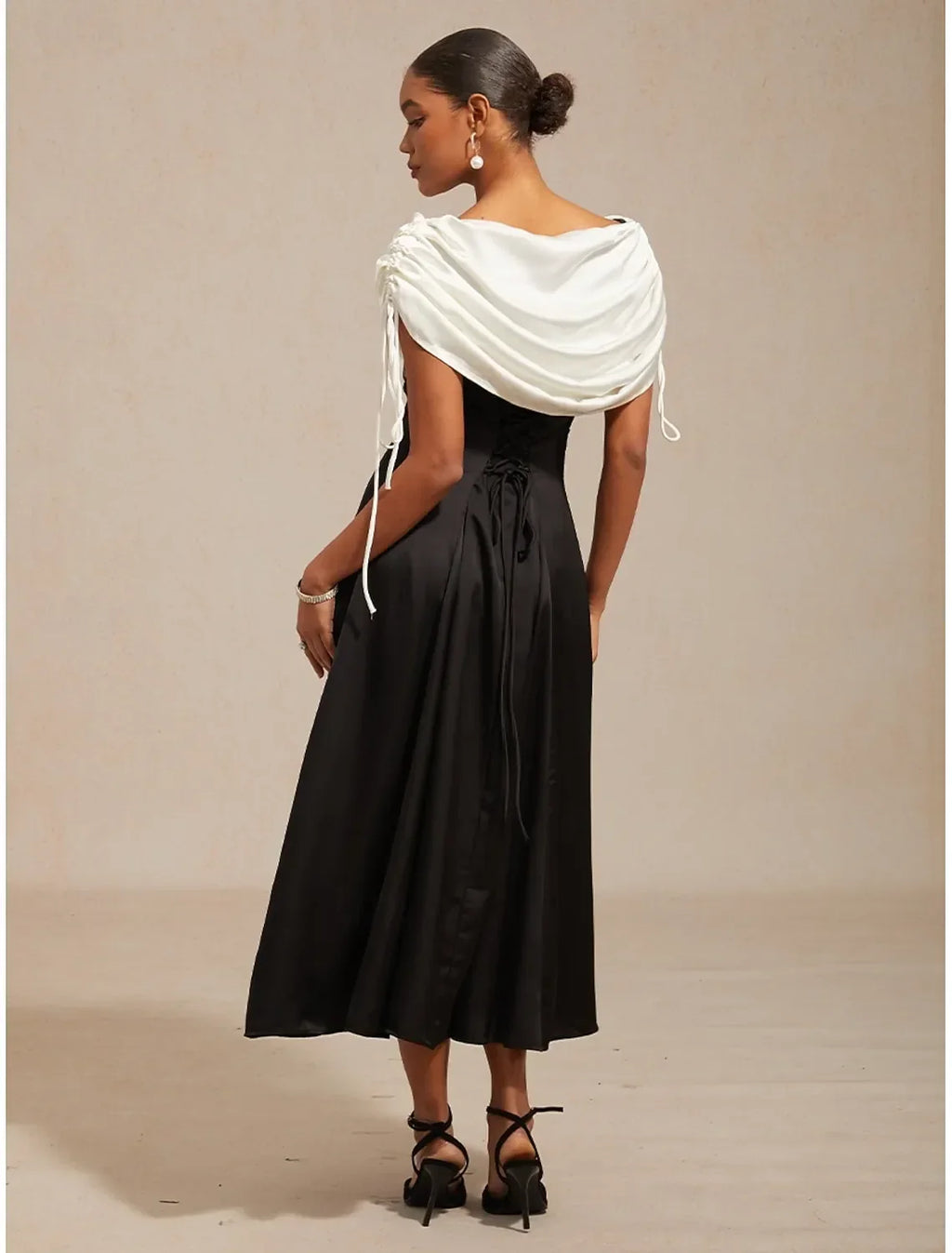 Black Off-Shoulder Sleeveless Draped White Midi Prom Dress