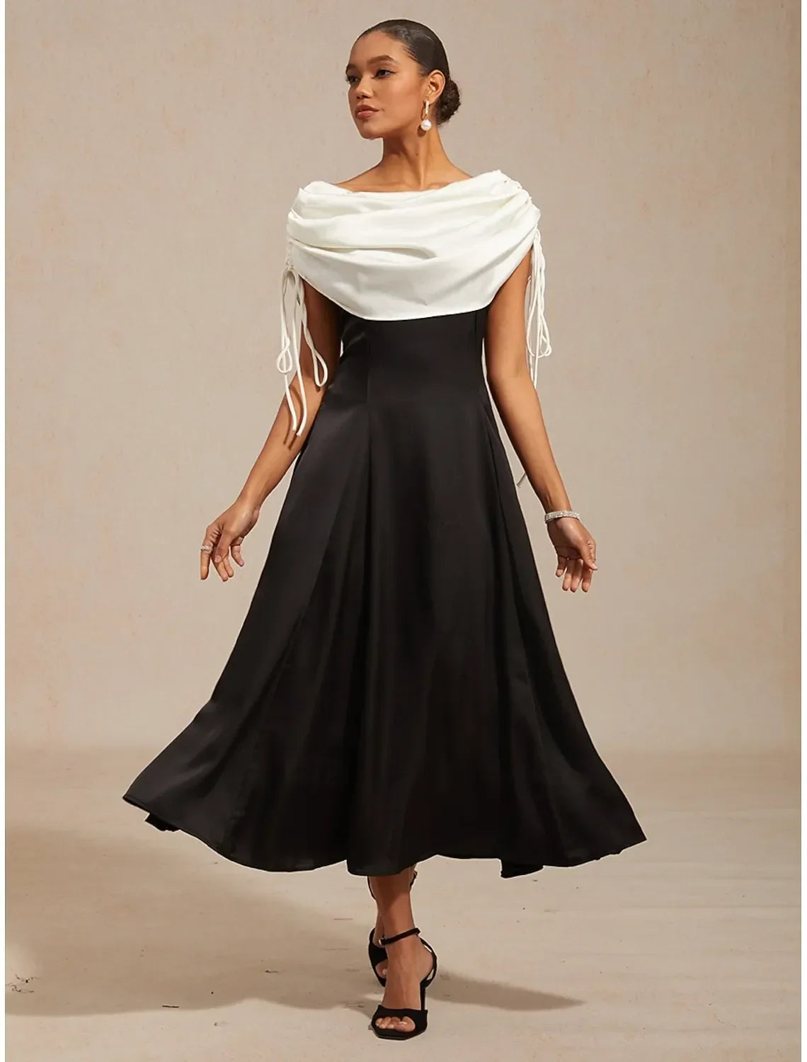 Black Off-Shoulder Sleeveless Draped White Midi Prom Dress