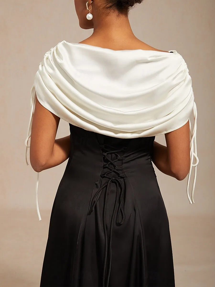 Black Off-Shoulder Sleeveless Draped White Midi Prom Dress
