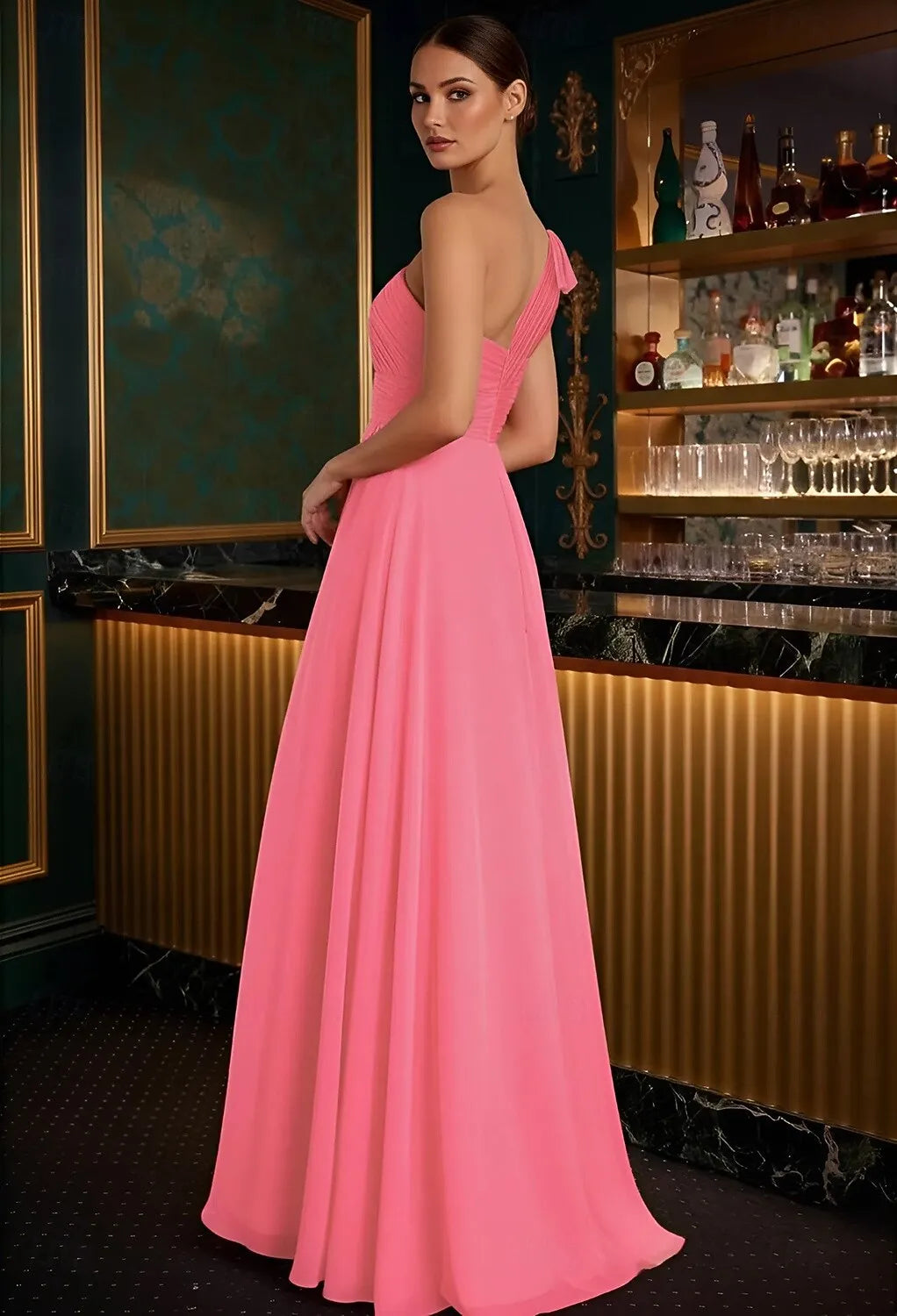 Coral One-Shoulder Bow Slit Floor Length Prom Dress Hot Sale