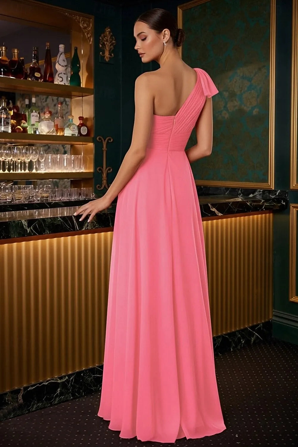 Coral One-Shoulder Bow Slit Floor Length Prom Dress Hot Sale