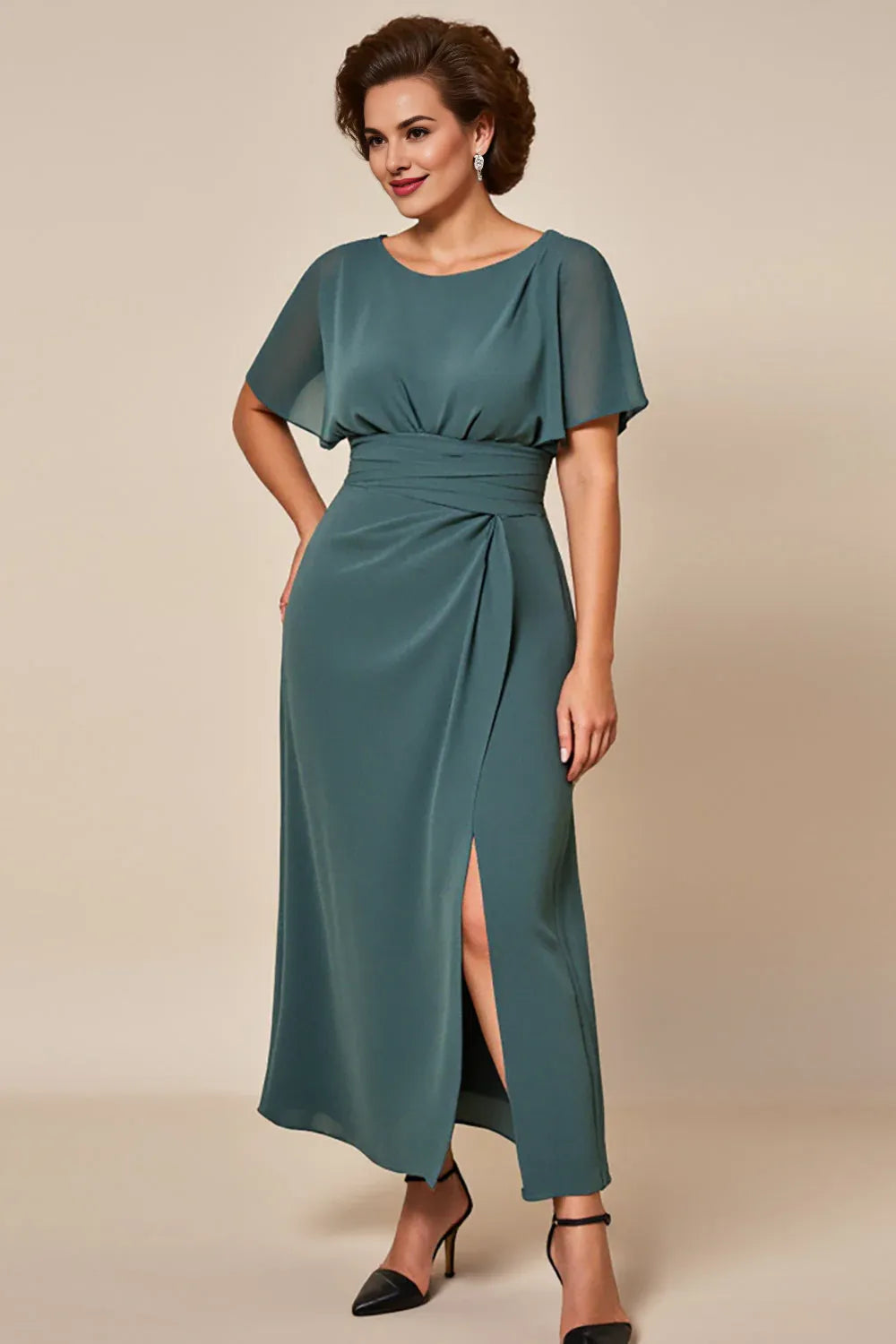 Elegant Teal A-Line Scoop Neck Short Sleeve Short Mother of the Bride Dress