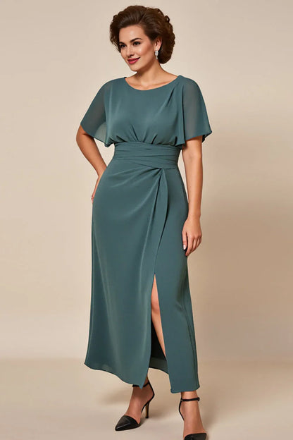 Elegant Teal A-Line Scoop Neck Short Sleeve Short Mother of the Bride Dress