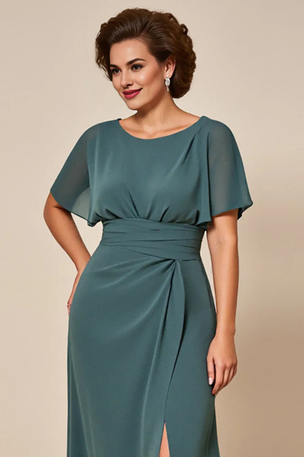 Elegant Teal A-Line Scoop Neck Short Sleeve Short Mother of the Bride Dress