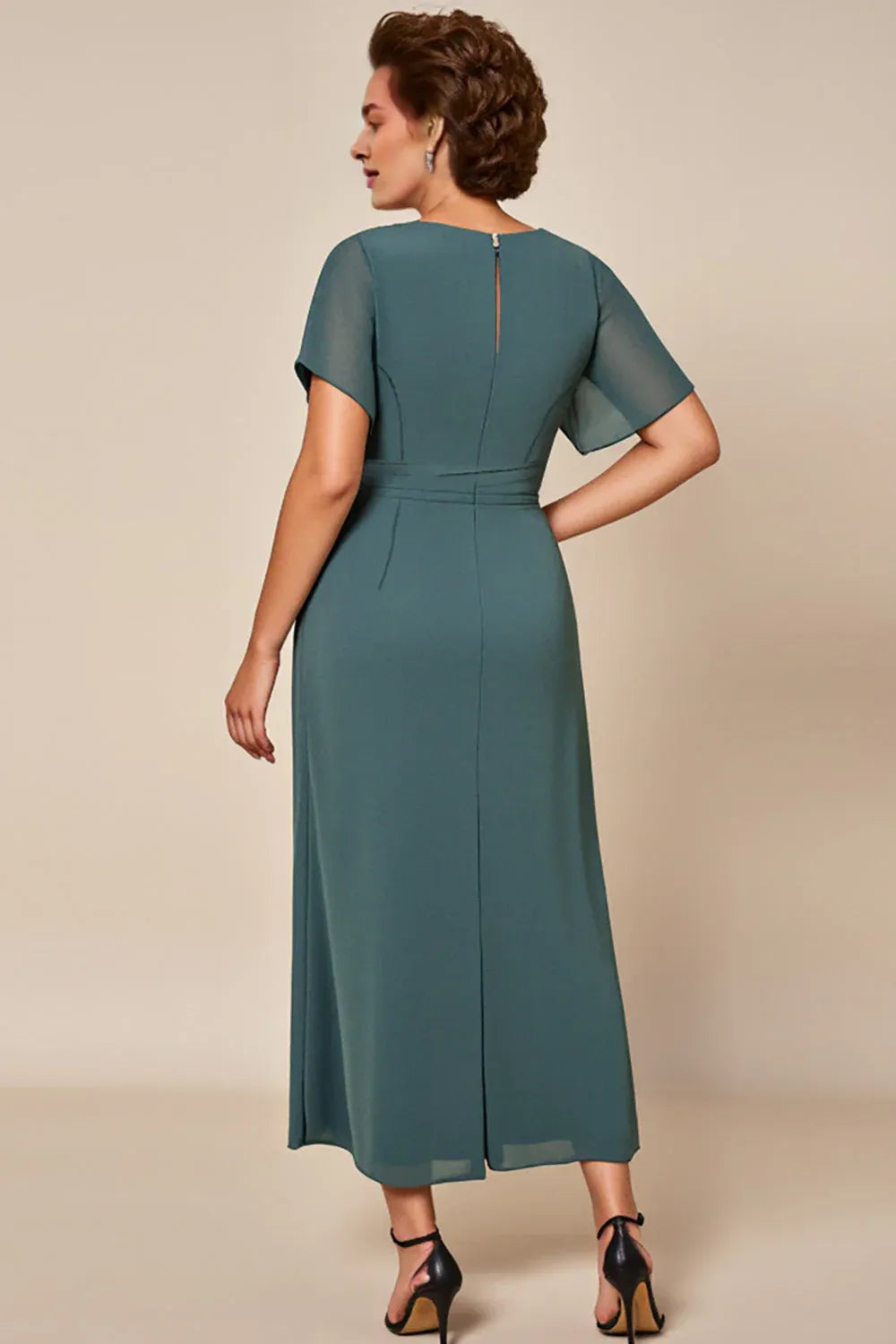 Elegant Teal A-Line Scoop Neck Short Sleeve Short Mother of the Bride Dress