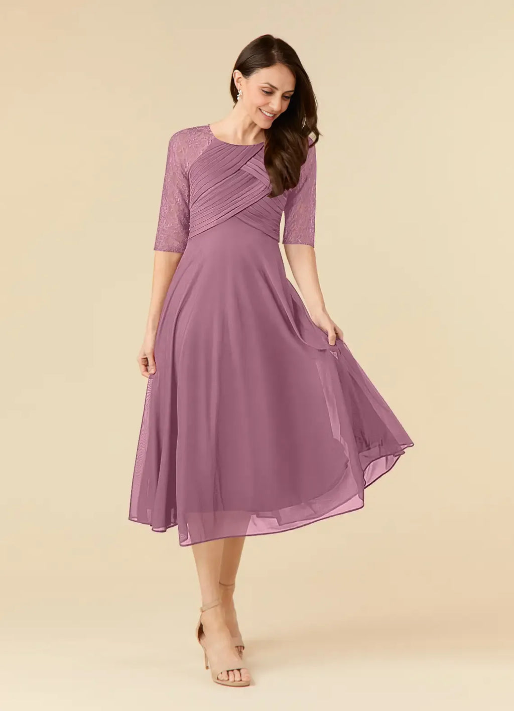 Elegant Dusty Rose Chiffon A-Line Scoop Neck Tea-Length Mother of the Bride Dress