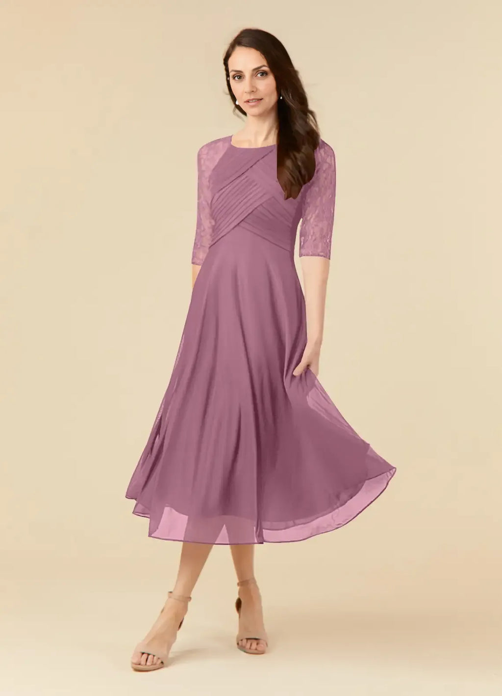 Elegant Dusty Rose Chiffon A-Line Scoop Neck Tea-Length Mother of the Bride Dress