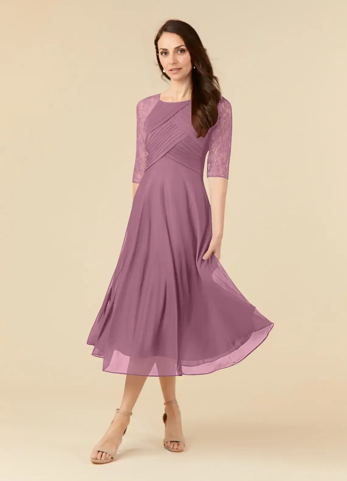 Elegant Dusty Rose Chiffon A-Line Scoop Neck Tea-Length Mother of the Bride Dress