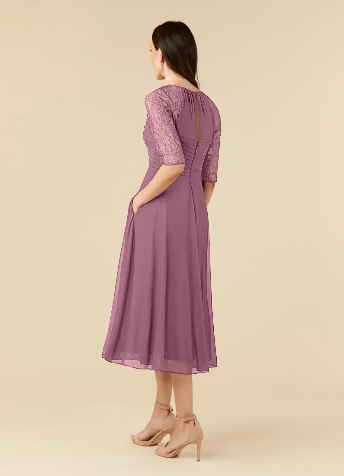 Elegant Dusty Rose Chiffon A-Line Scoop Neck Tea-Length Mother of the Bride Dress