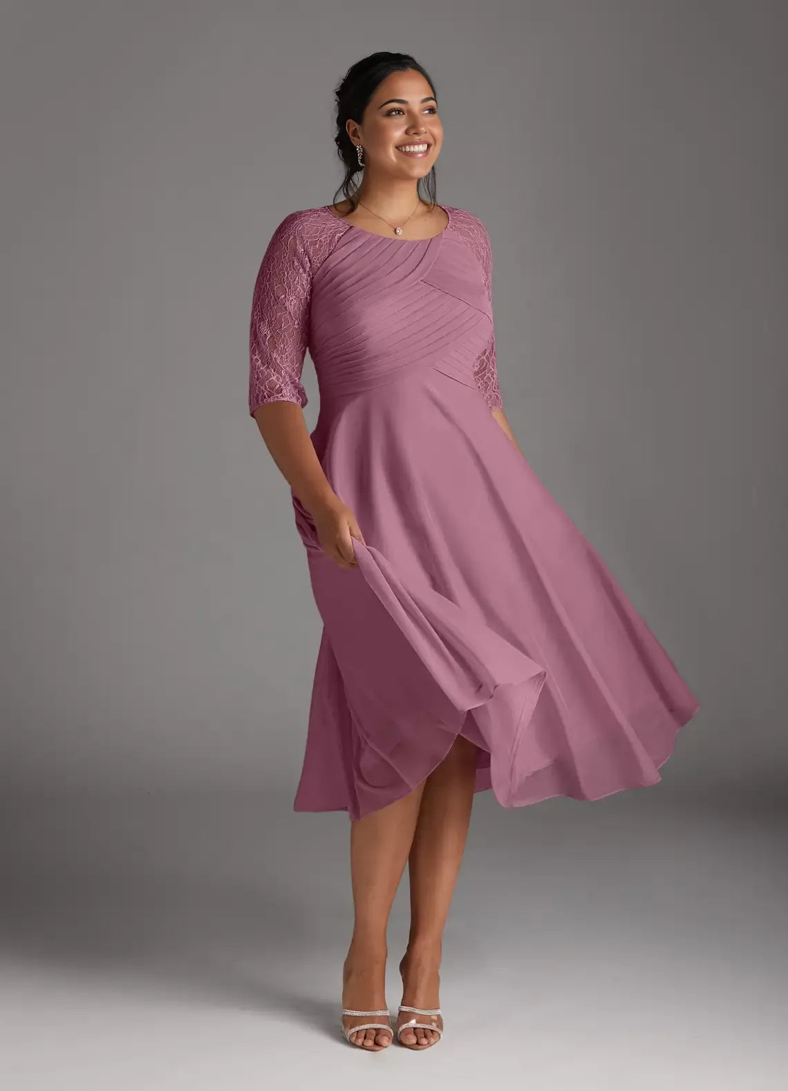 Elegant Dusty Rose Chiffon A-Line Scoop Neck Tea-Length Mother of the Bride Dress