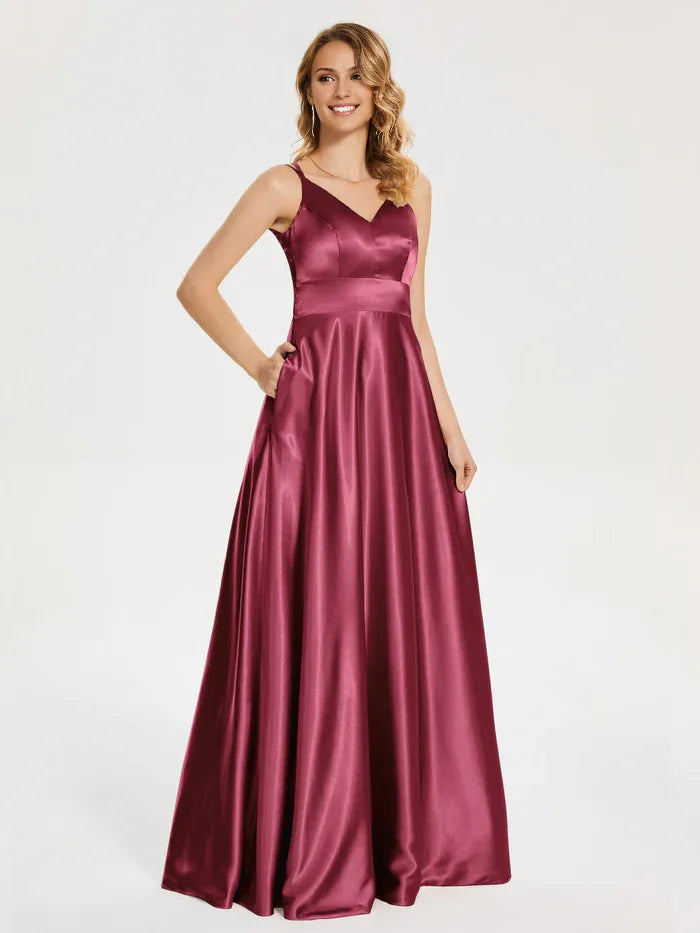 Beautiful Timeless Special Occasion Elegant Burgundy Satin A-Line Sleeveless Floor-Length Prom Dress