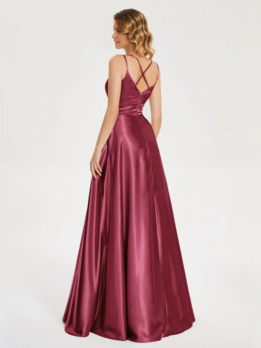 Beautiful Timeless Special Occasion Elegant Burgundy Satin A-Line Sleeveless Floor-Length Prom Dress