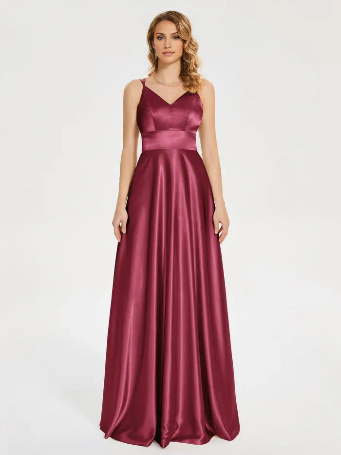 Beautiful Timeless Special Occasion Elegant Burgundy Satin A-Line Sleeveless Floor-Length Prom Dress