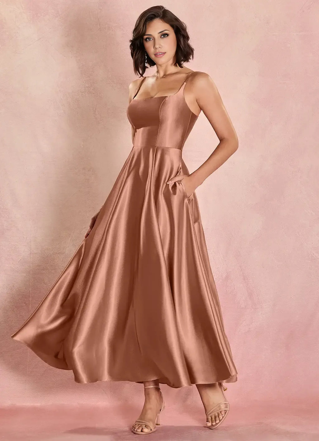 Sophisticated Graceful Elegant Rose Gold Lace A-Line Square Neck Sleeveless Evening Dress