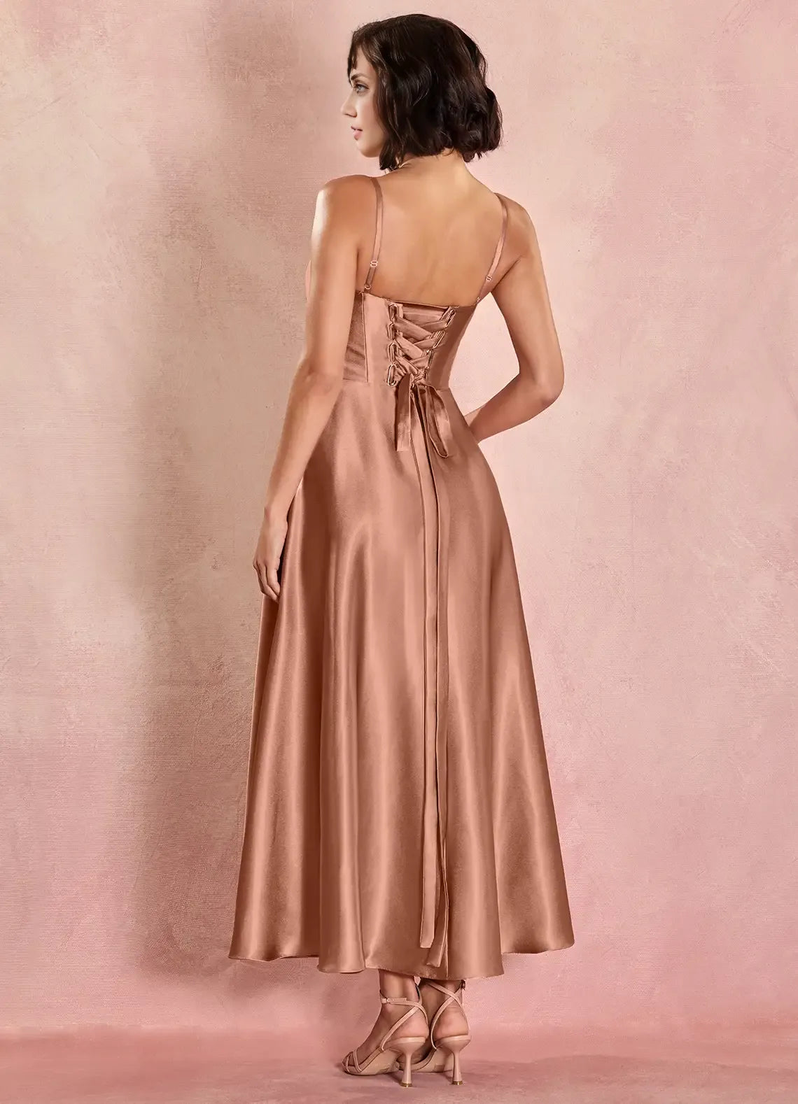 Sophisticated Graceful Elegant Rose Gold Lace A-Line Square Neck Sleeveless Evening Dress