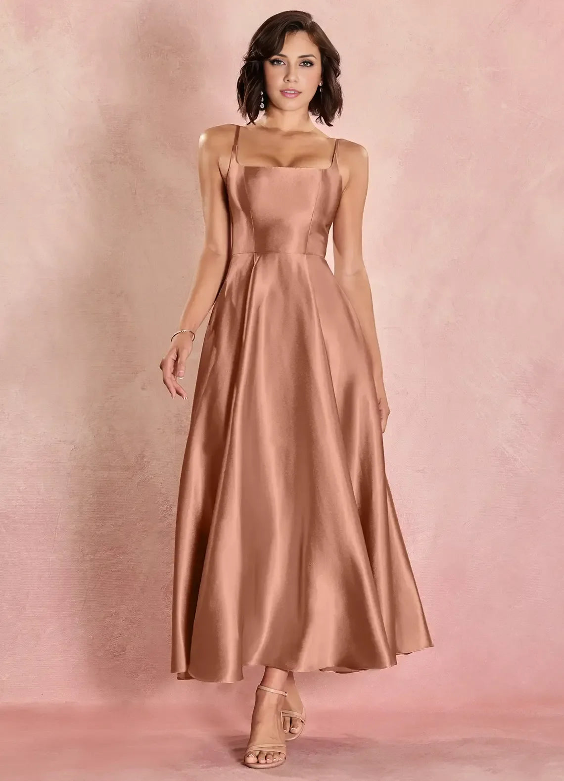 Sophisticated Graceful Elegant Rose Gold Lace A-Line Square Neck Sleeveless Evening Dress