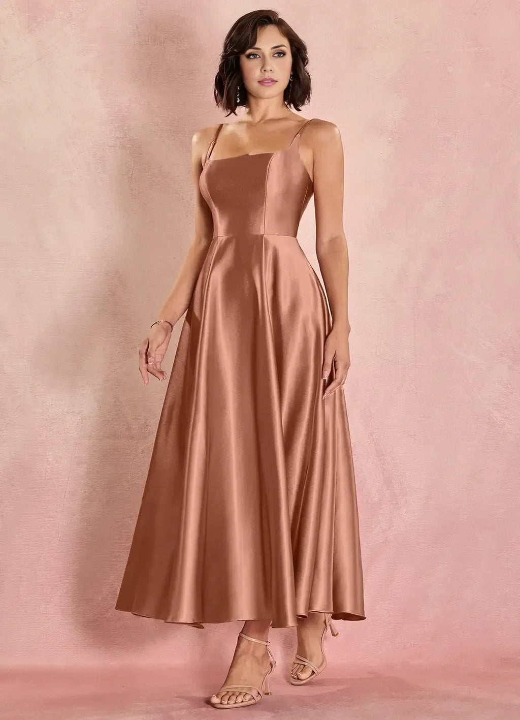 Sophisticated Graceful Elegant Rose Gold Lace A-Line Square Neck Sleeveless Evening Dress